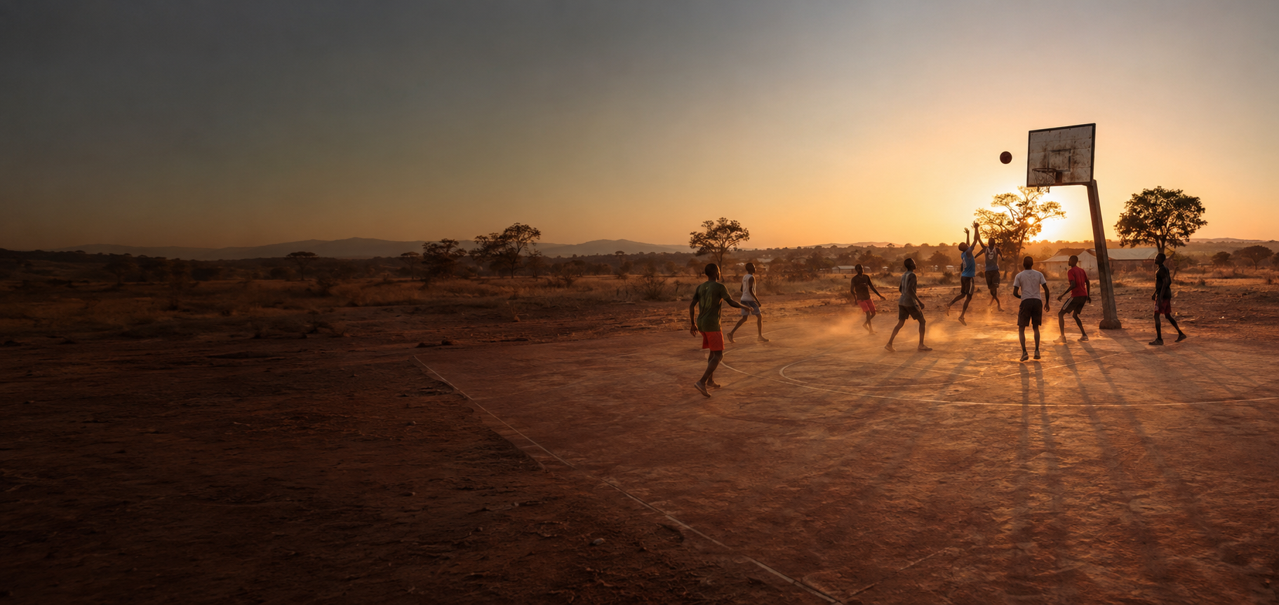 Young basketball players practicing on a rural outdoor court in Tanzania at sunrise